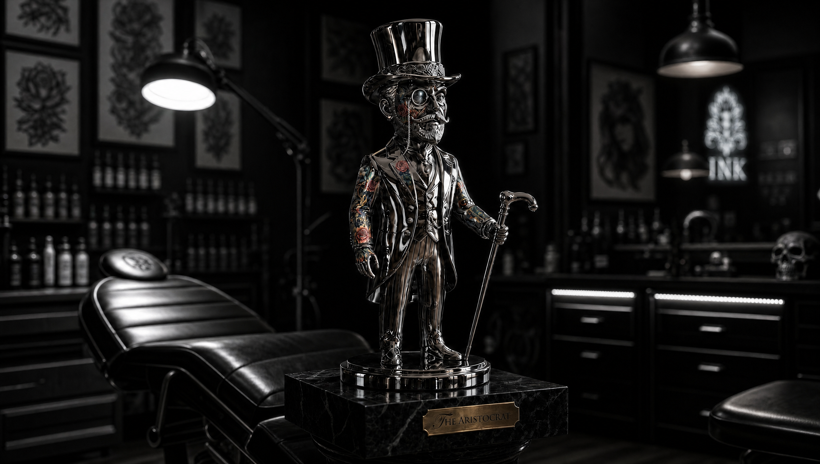 The Aristocrat — a polished chrome statuette of a tattooed gentleman in a top hat, on a marble plinth, inside the studio.